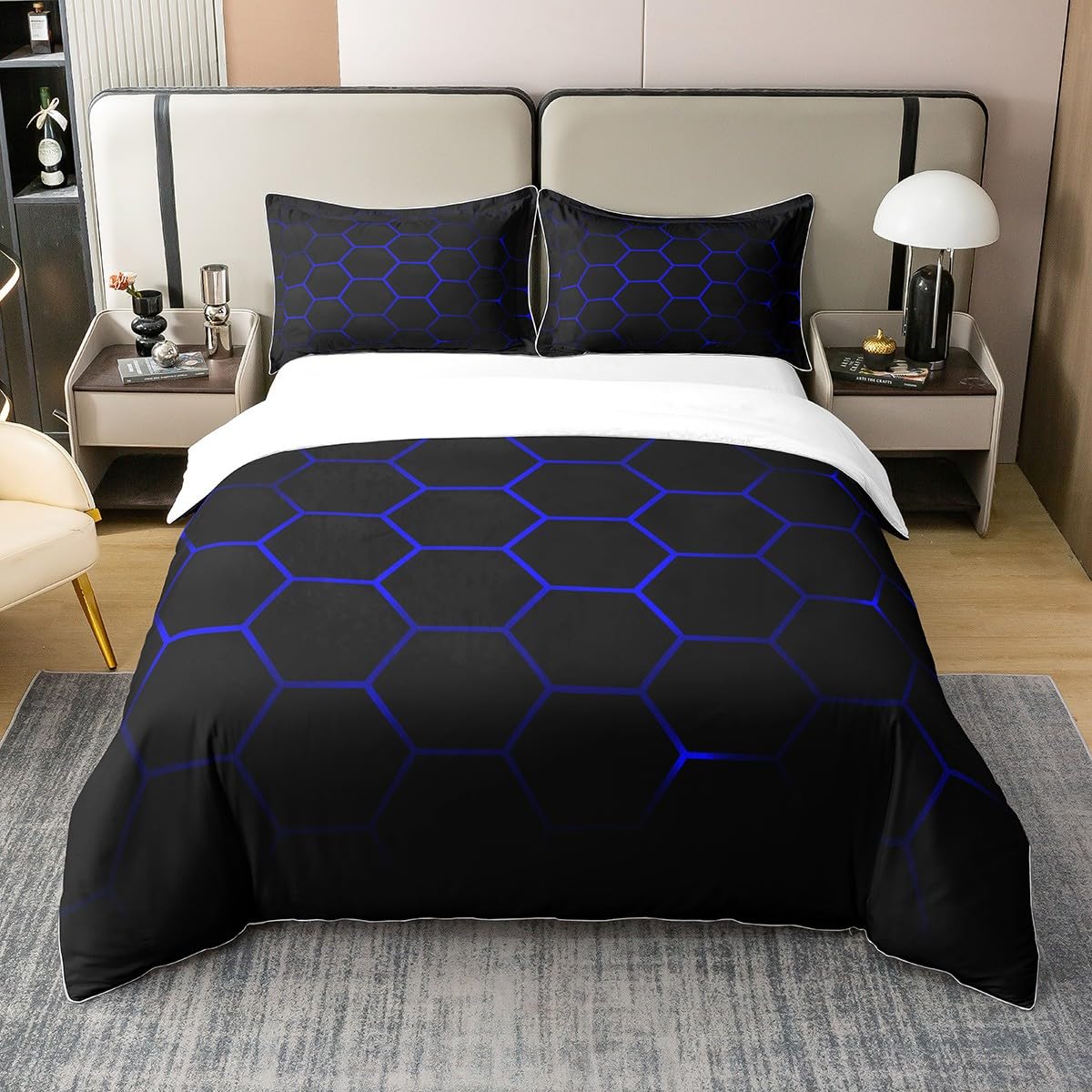 Loussiesd Honeycomb 100% Cotton Duvet Cover Double Size Modern Hexagon Theme Bedding Cotton Duvet Cover Set for Bedroom Geometrical Beehive Black Blue Bedding Set