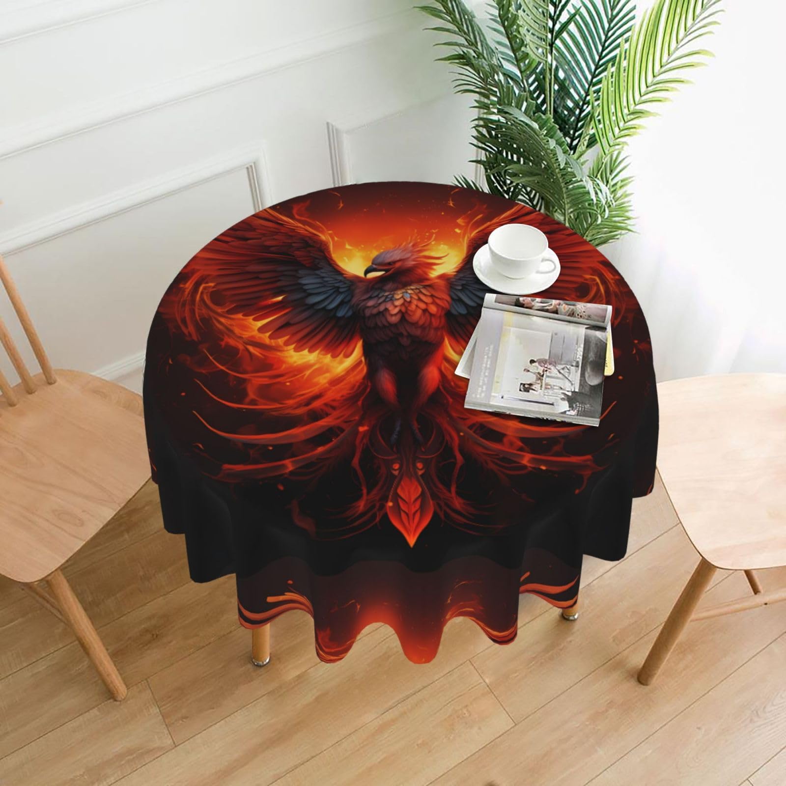 HJFCZH Orange Red Phoenix Prints Round Decorative Tablecloth 60in - High-Grade Polyester Throw for Dinners, Weddings & Everyday Use