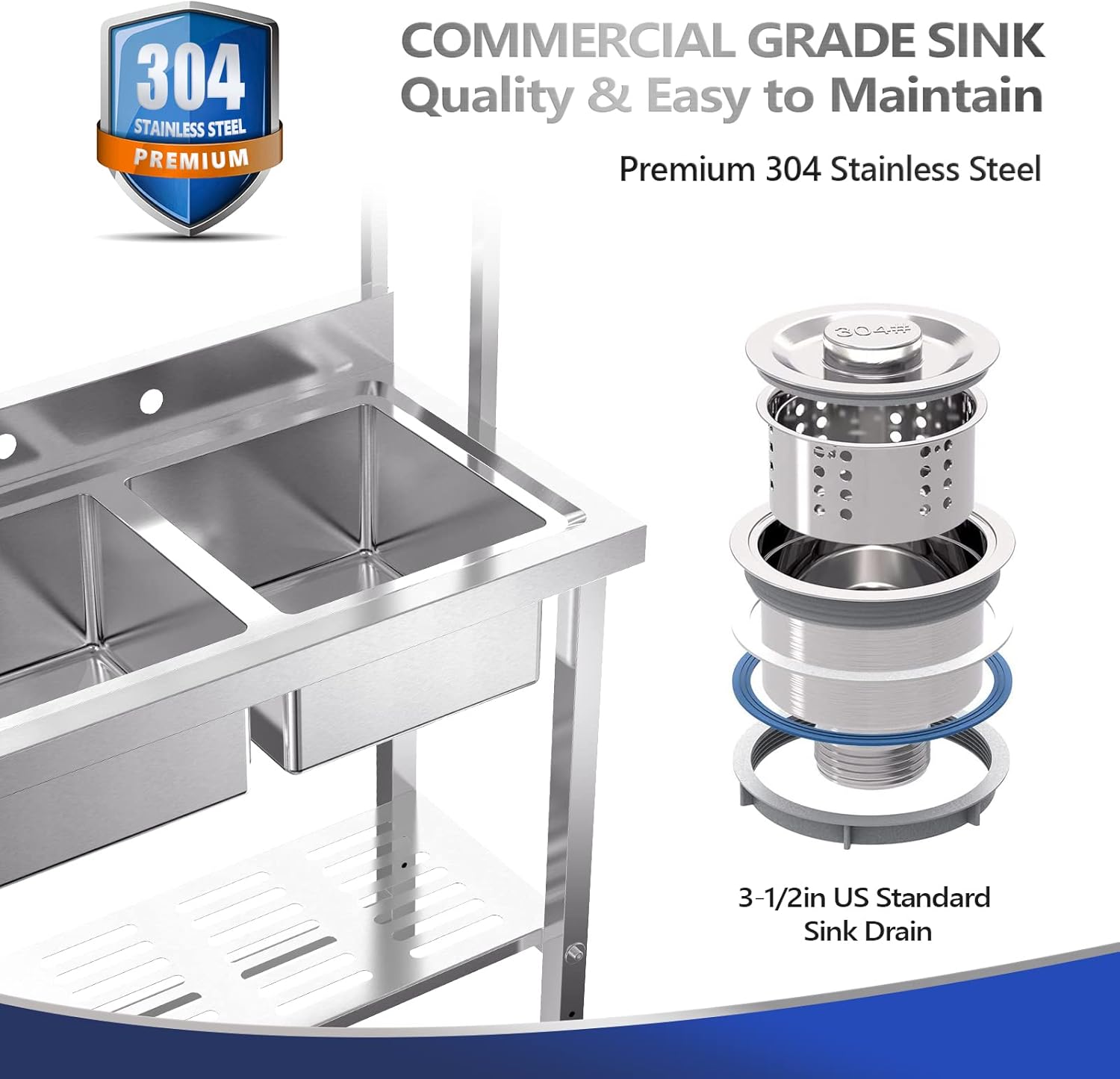 VINGLI 67" 2-Compartment Commercial Sink with Shelves Over & Drying Rack Underneath, 304 Stainless Steel Sink Double Basin with Drain for Restaurant, Freestanding Utility Sink for Laundry Room, Garage