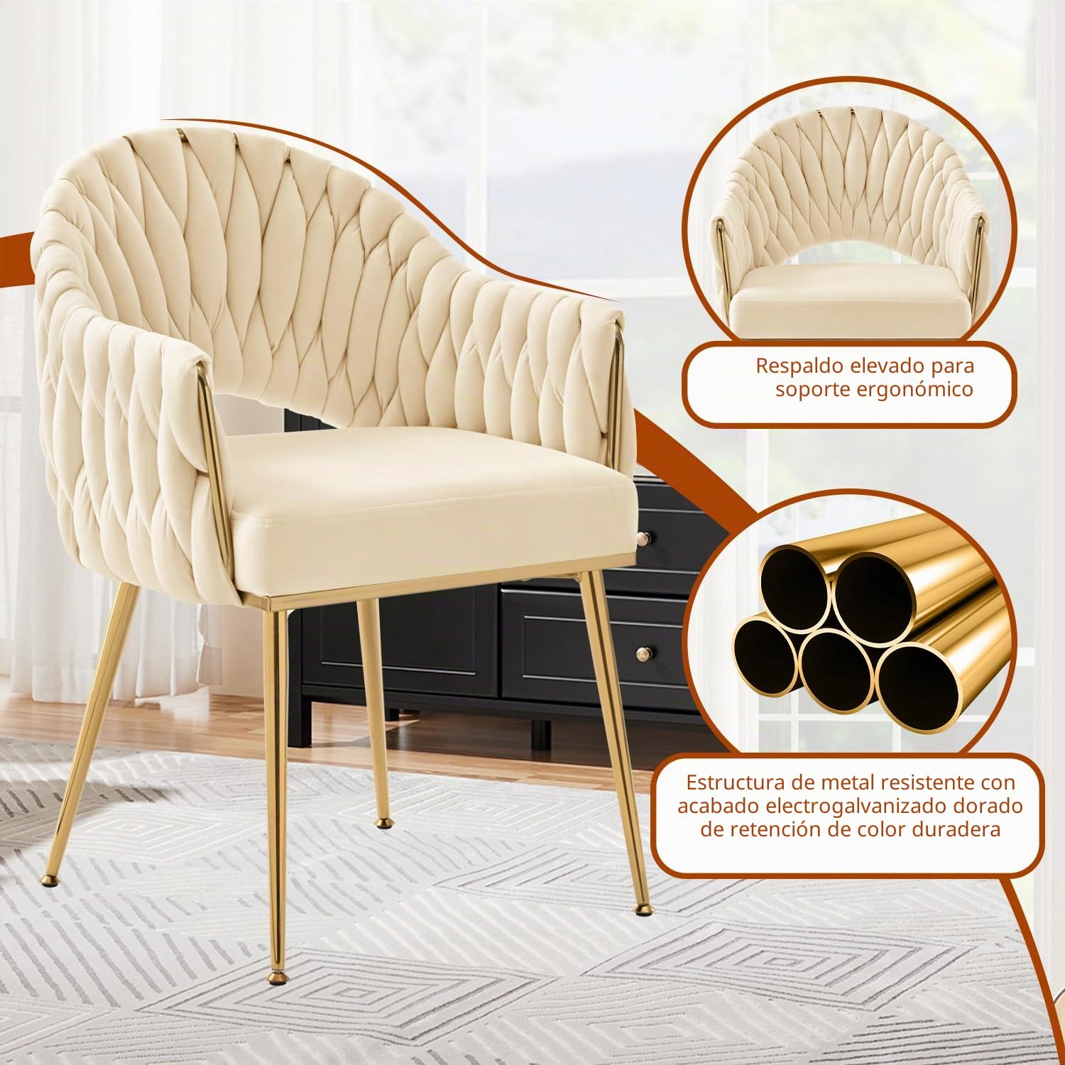Juego de 2 sillas de Comedor de Terciopelo, sillones de salón, sillas de Comedor con reposabrazos, sillas de Cocina con Respaldo Alto Trenzado a Mano, Silla de tocador con Patas Doradas,Blanco