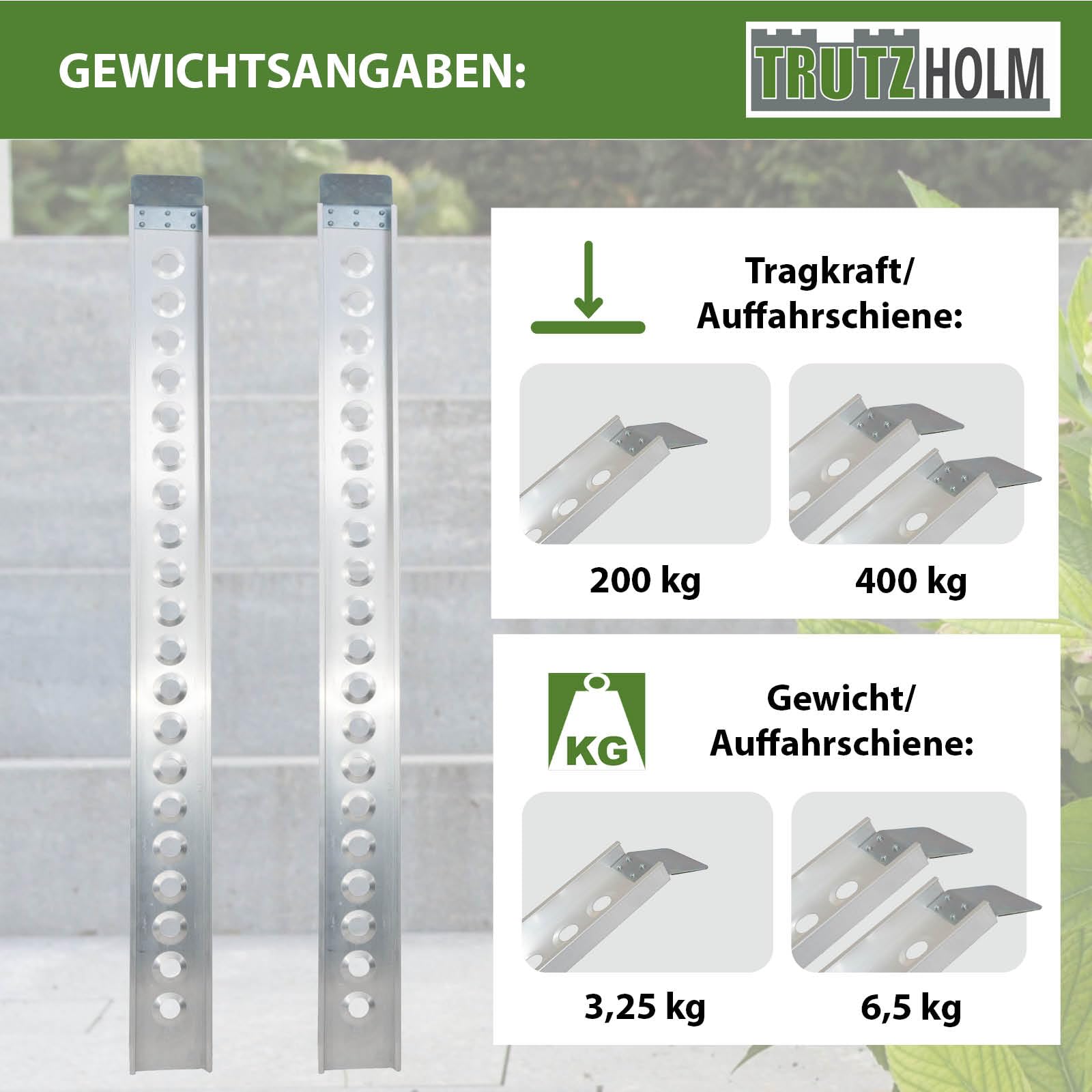 TRUTZHOLM 2X Auffahrschiene Aluminium Länge 194 cm Traglast 200 kg je Stück Verladerampe Moped E-Bike Fahrradrampe inkl. 2X Spanngurt grau