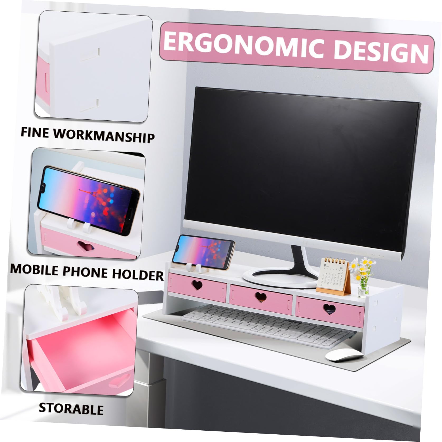 COHEALI Rialzo per Schermo del Computer in PVC Rosa, Supporto Stabile e Salvaspazio per Monitor, per Ufficio e Scrivania Contemporanea