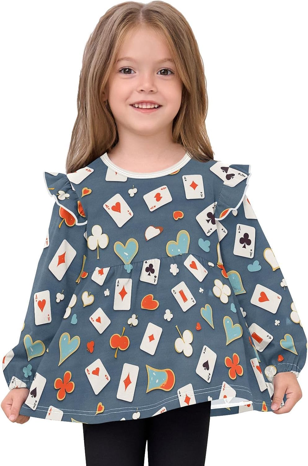 visesunny Toddler Clothes for Girls Playing Card Pattern Long Sleeve Fall Shirts Cotton Top with Ruffle Collar