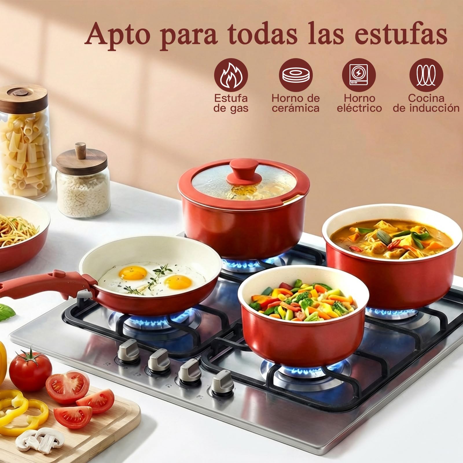 GiPP 11 Piece Frying Pan and Saucepan Set with Non-Stick Ceramic Coating - Saucepan Sets with Detachable Handles, Oven and Dishwasher Safe, Red Gradient — view 5