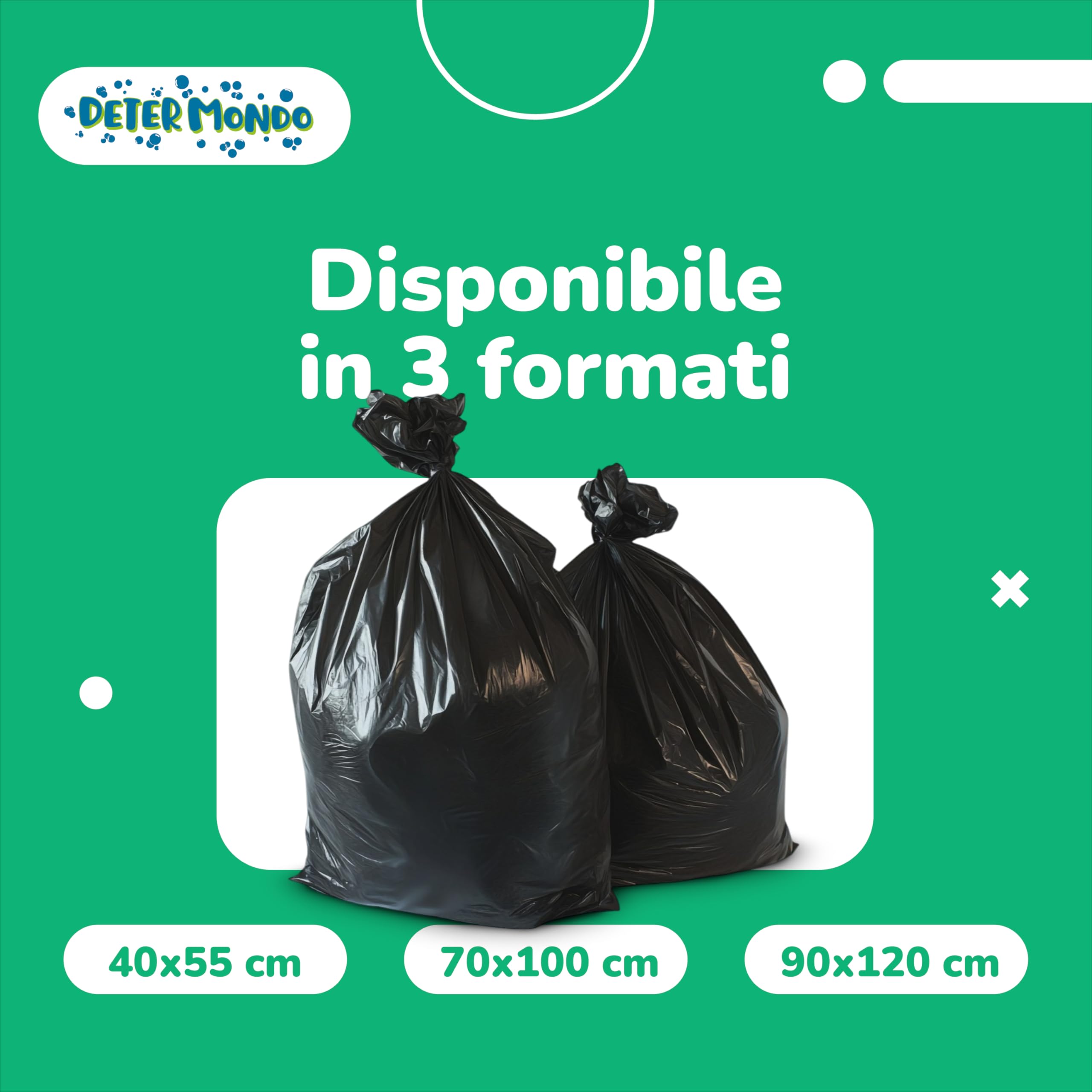 DETERMONDO 160 Sacchi Spazzatura Grandi 90x120 cm, Sacchi Neri per Rifiuti, Capacità di 120L, Resistenti, Riciclabili, Antistrappo e Antigoccia, Ecosostenibili, Made in Italy, 4 Rotoli da 10 pezzi