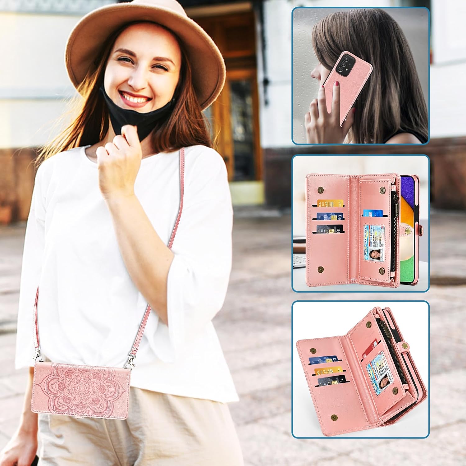 Asuwish Phone Case for Samsung Galaxy A52/A52S 5G Zipper Wallet Detachable Cell Cover with Tempered Glass Screen Protector Strap Flower Card Holder Slot A 52 S 4G G5 52A S52 52S Women Girls Rose Gold