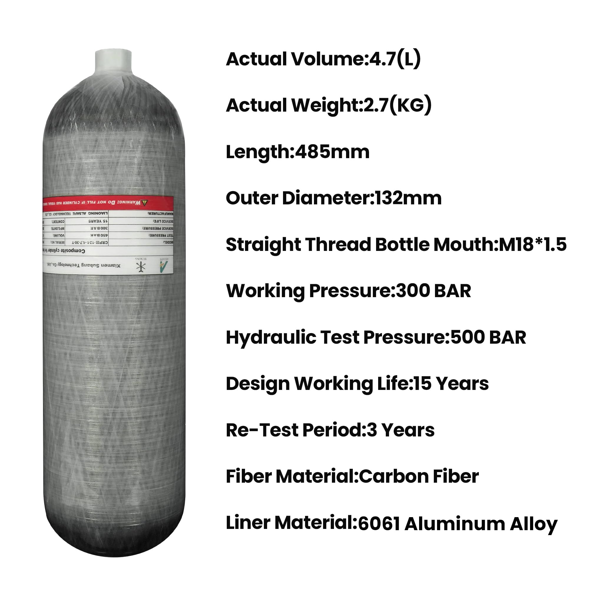 TUDIVING 4500Psi Kohlefaser-Tauchflasche (Nicht DOT-Zertifiziert) 4,7 l 286 cu in 4700 cm³ Hochdruck-Verbundzylinder, Tauchflasche für Schnorcheln und Wassersport