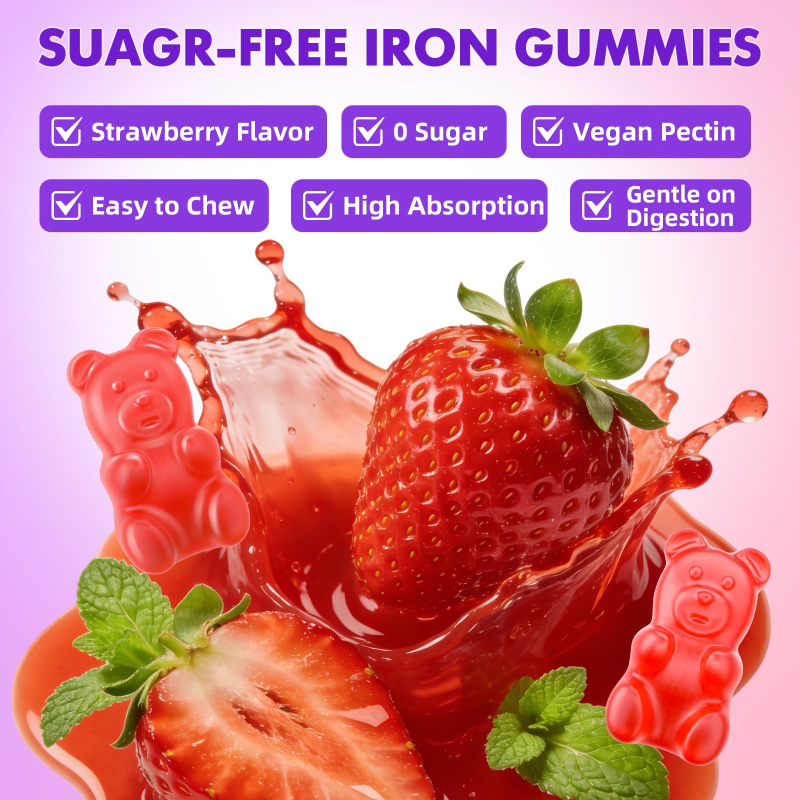 softbear Iron Gummies for Women & Men & Kids, Strawberry Flavor 60 Count — Amazon image 6
