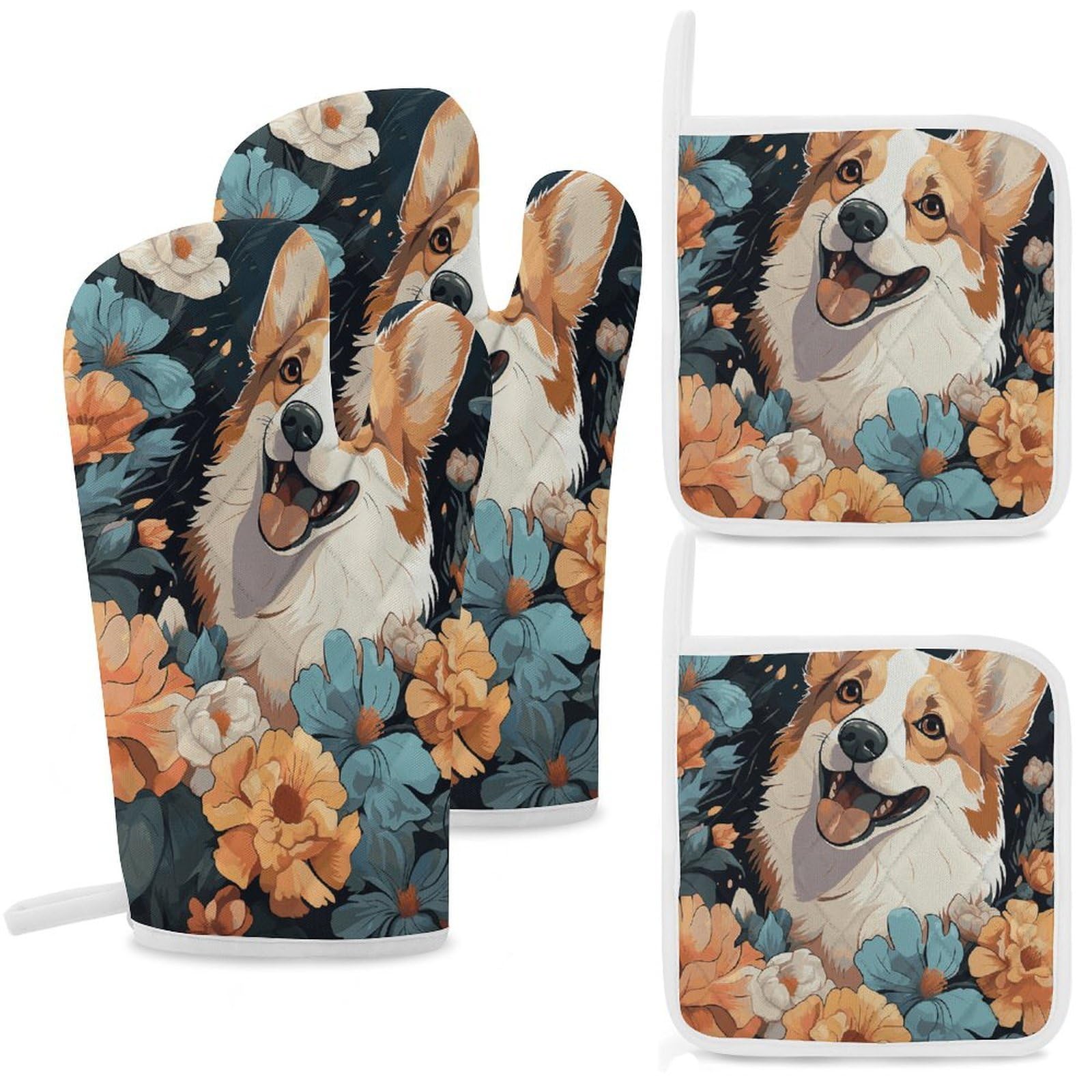 Corgi Pattern Oven Mitts and Pot Holders Sets Heat Resistant Oven Glove with Hanging Loop for Baking Cooking BBQ Thicken Potholders for Kitchen