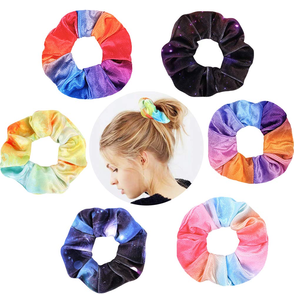 6 Pack Star, Sky, Space, Rainbow Cloud Scrunchies - Tie Dye Multicolor Ponytail Holders (6 PCS, starry sky rainbow Scrunchies)