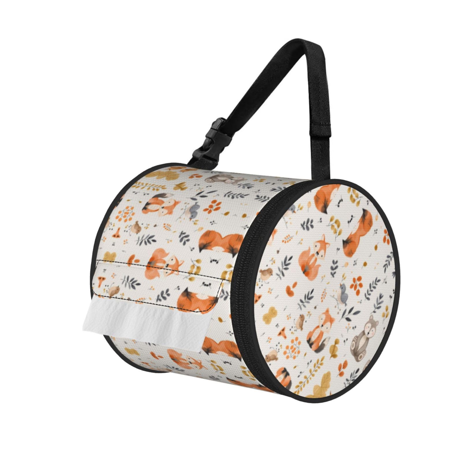 Fox, Deer And Forest Print Round Tissue Dispenser Bag With Carry Strap, Portable Roll Holder For Car Travel Home