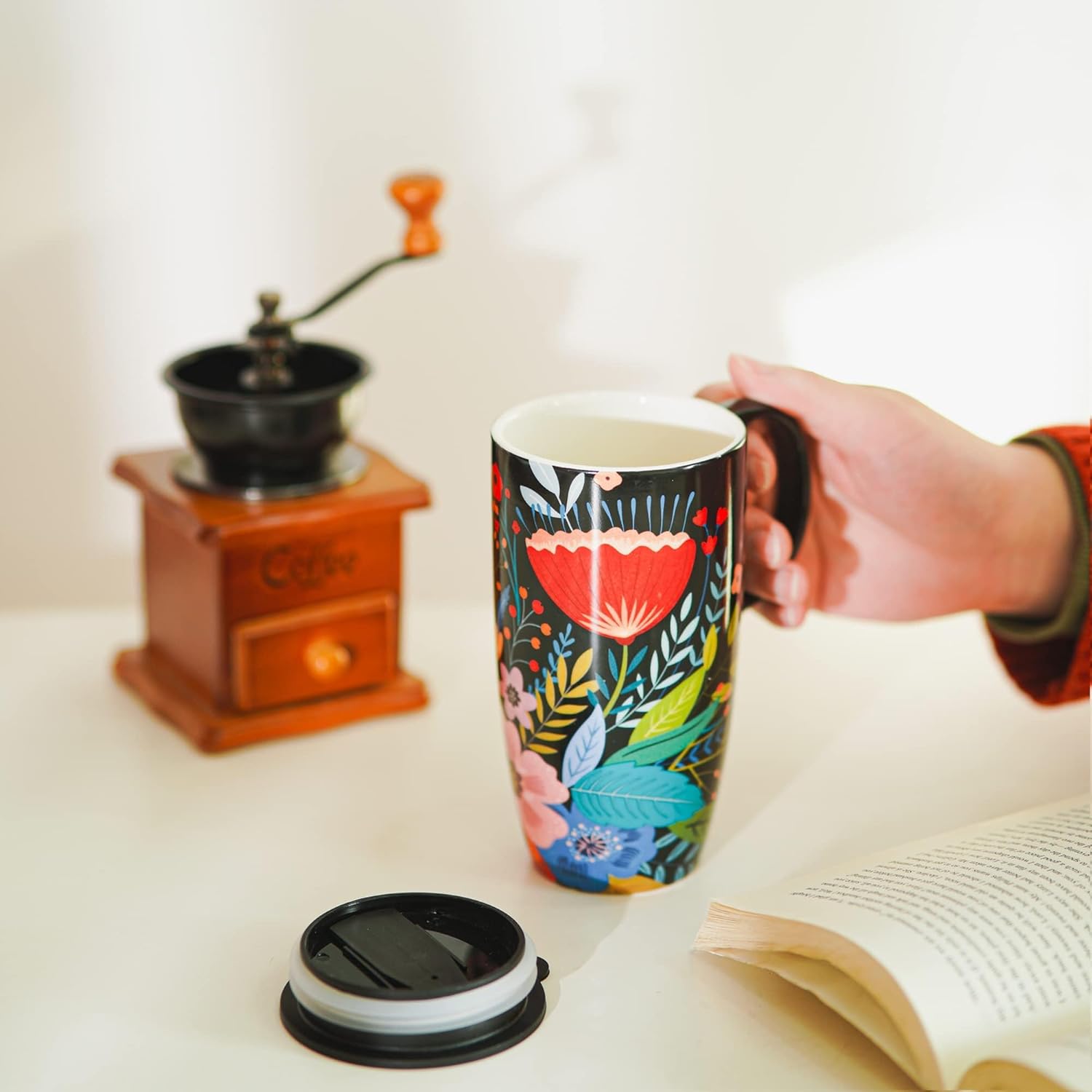 Topadorn Coffee Ceramic Mug Porcelain Latte Tea Cup With Lid 17oz., Black and Flower - Image 2