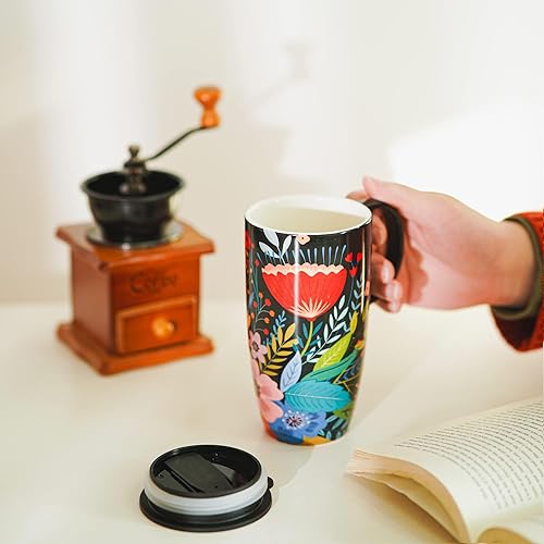 Topadorn Taza de cerámica para café, taza de té de porcelana con tapa de 17 onzas, negro y flor