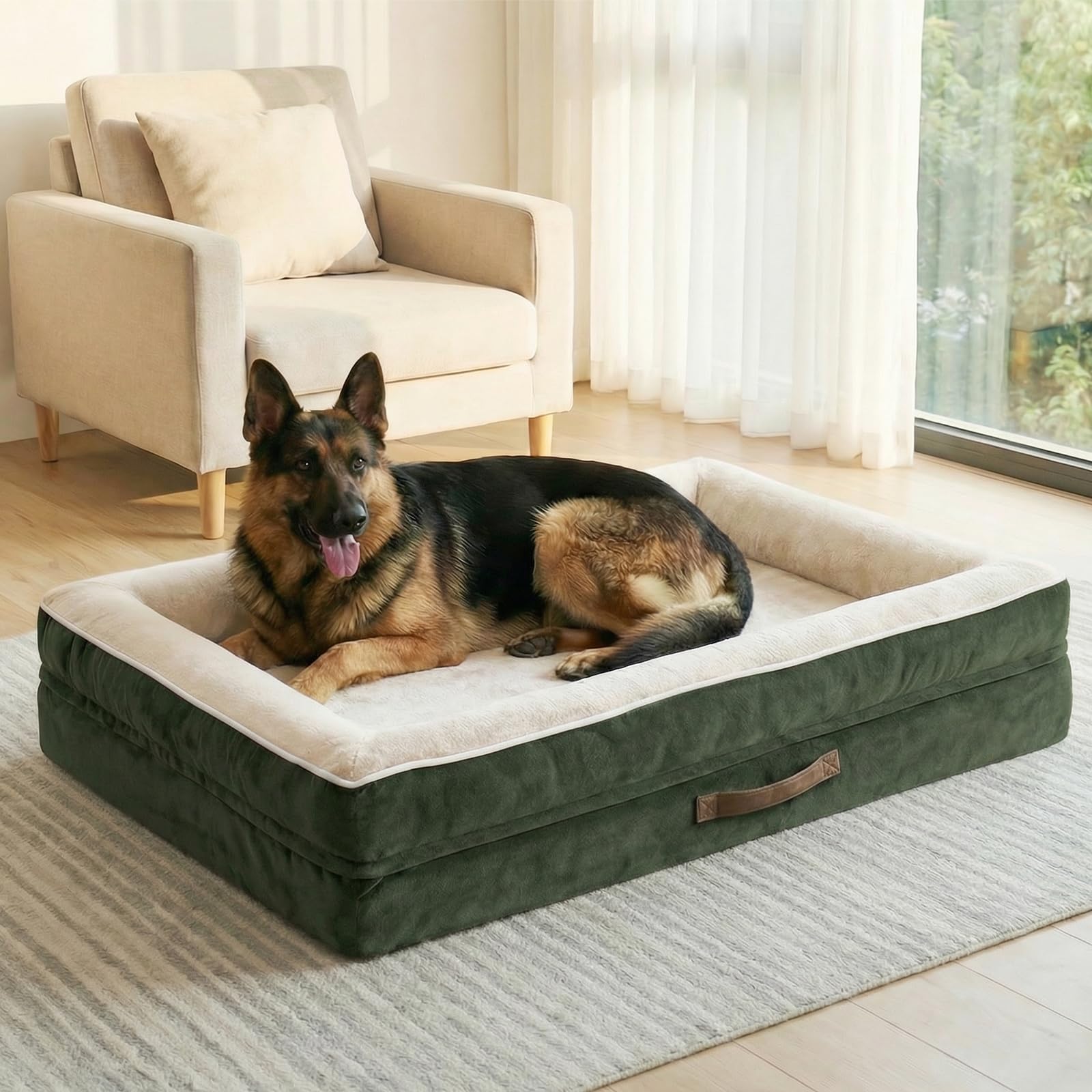 Renvix XXL Orthopedic Dog Bed, Waterproof Dog Sofa Bed with Removable Washable Cover, Soft Egg Foam Pet Bed, Non-Slip Bottom and Four-Sided Bolster Cushion（Pitch Green, 137x91x19cm）