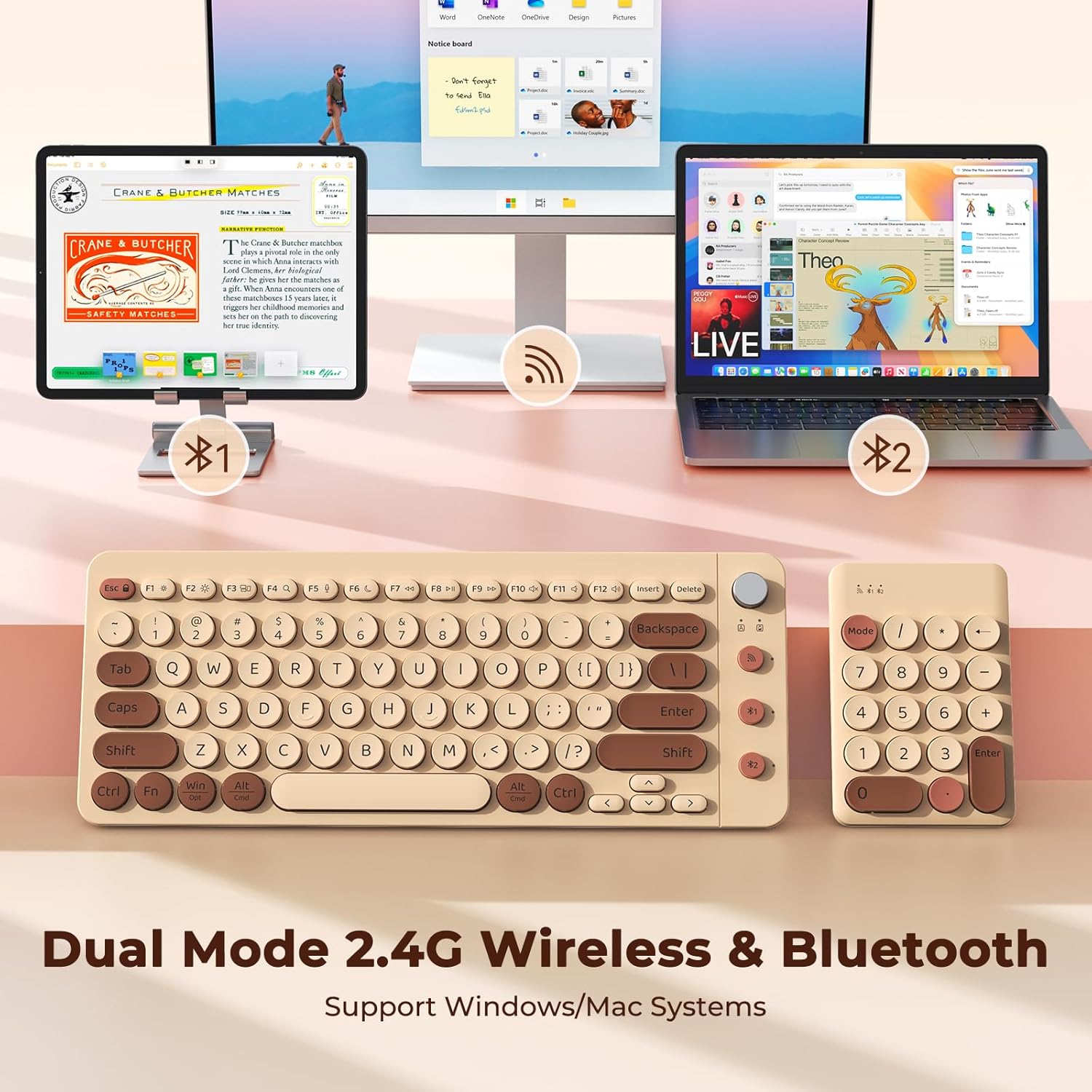 Bluetooth Computer Keyboards, Wireless Spilt Ergonomic Keyboard with Separate Numeric Keypad, Low-Noise Keyboard, Mini Numeric Keypad for Accountants/Left-Handed User, Milk Tea