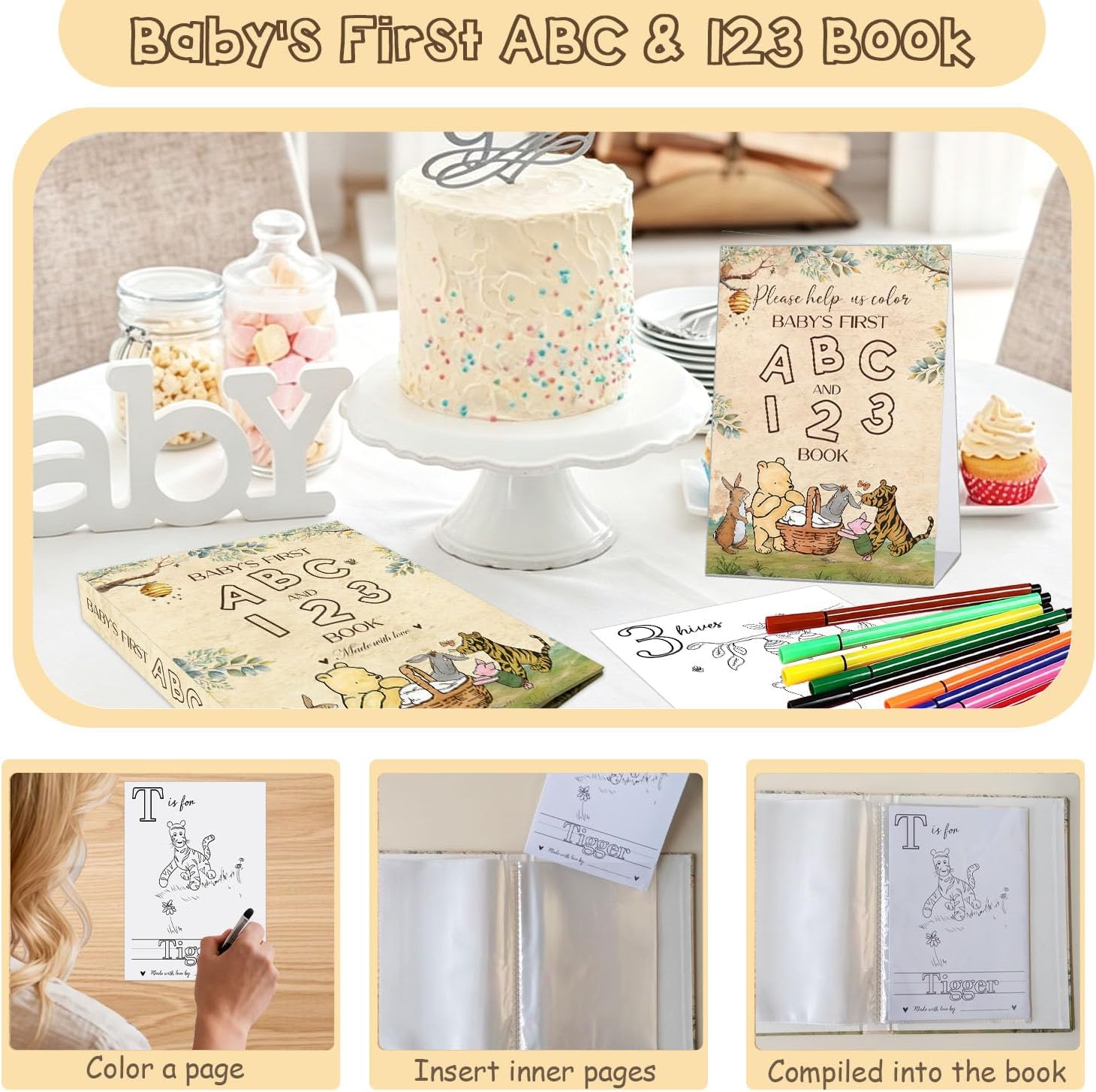 Winnie Baby's First ABC & 123 Book Baby Shower Activity, Pooh Baby Shower Keepsake Game, Bear Alphabet Coloring Guest Book Alternative, Baby’s First Alphabet Coloring Book A-Z 1-10 with 12 Pen image 4