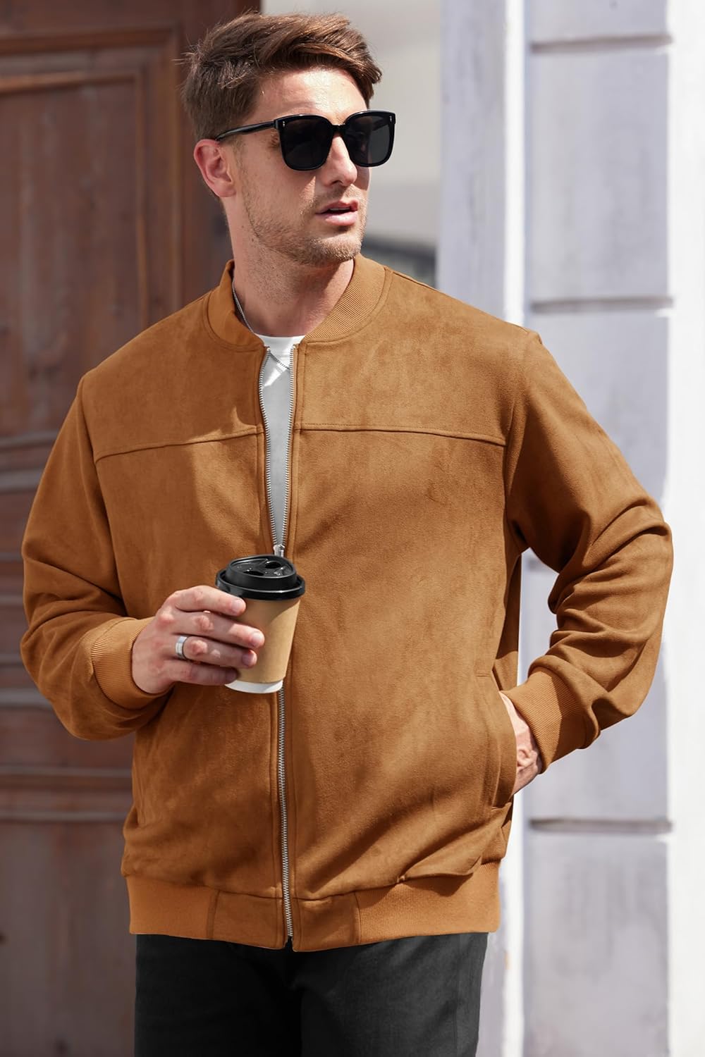 Men’s Bomber Jacket Faux Suede Midweight Casual Full-Zip Flight Coat (S-XXL) - Image 3