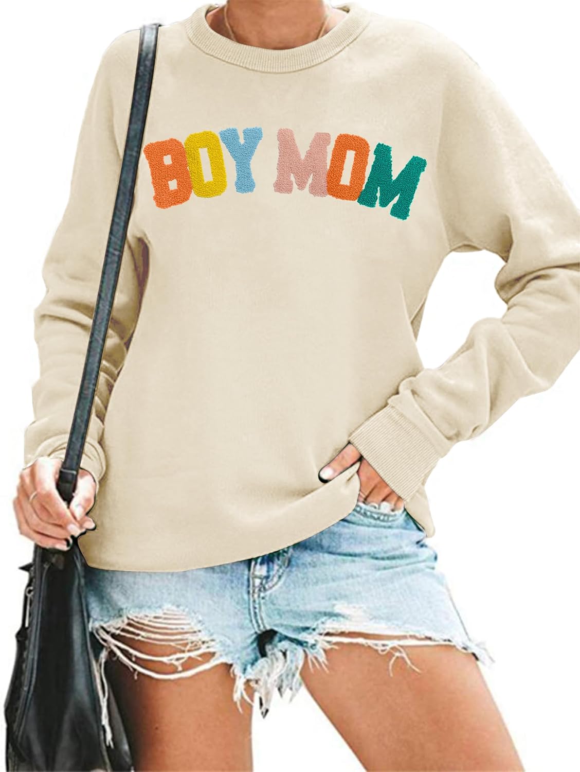 Boy Mom Sweatshirt Women Mama Sweatshirts: Mom Life Long Sleeve Shirt Boy Mom Gift Embroidered Crew Neck Pullover