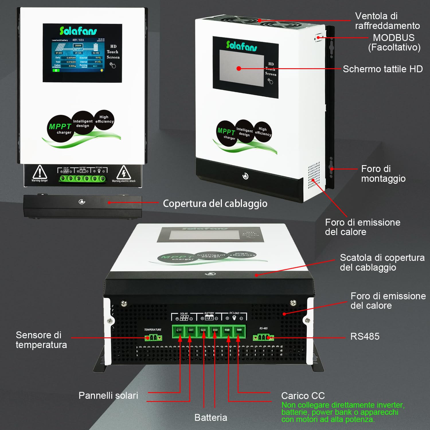 48V 80A MPPT Caricatore Solare 4.3 pollici HD Touch Screen PV DC150V 4.4KW Multi-lingua 12V/24V/36V Bluetooth per Off Grid/RV Applicazioni