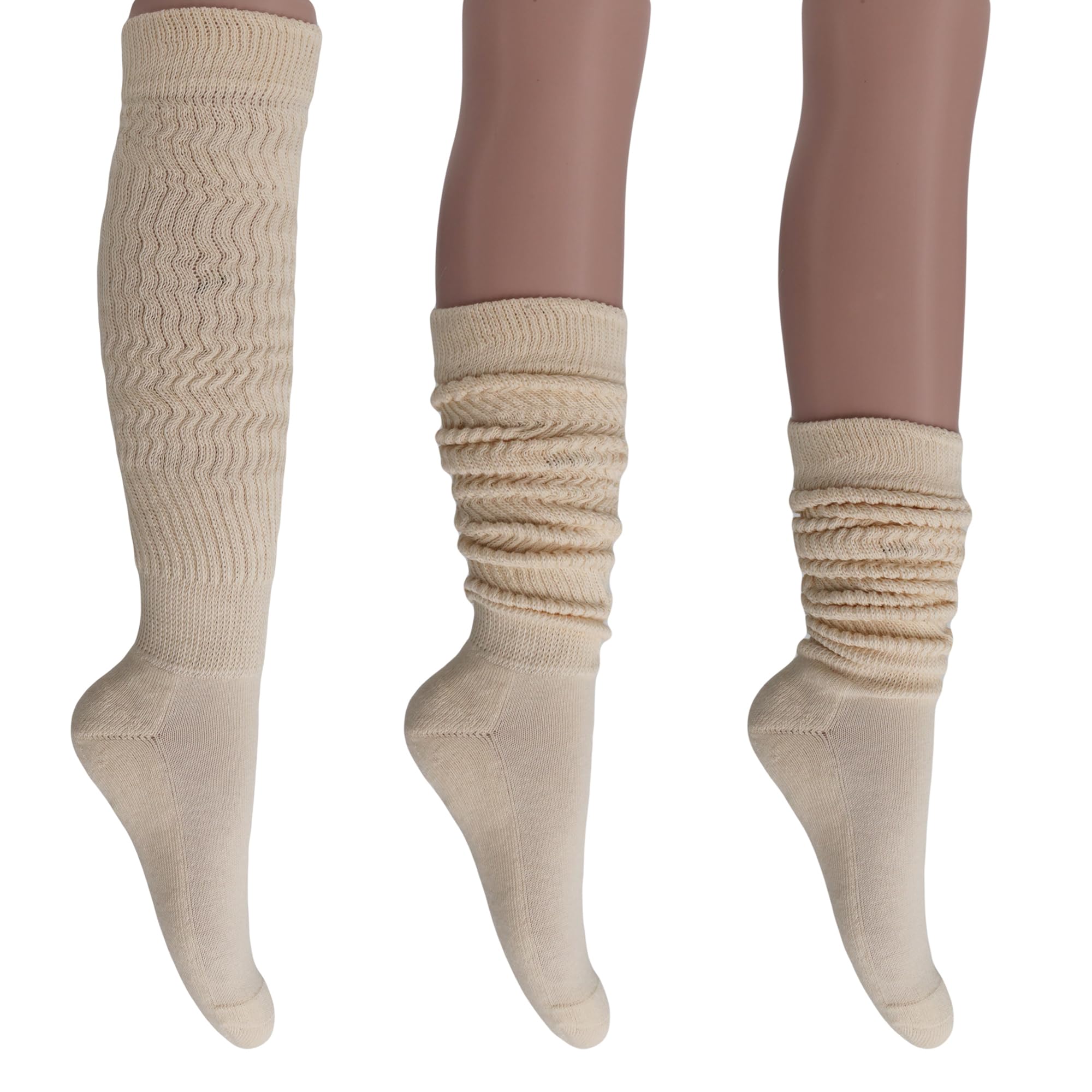 AWS/American Made Slouch Socks Cotton Scrunch Knee High Extra Long and Heavy Socks (3, Ecru)