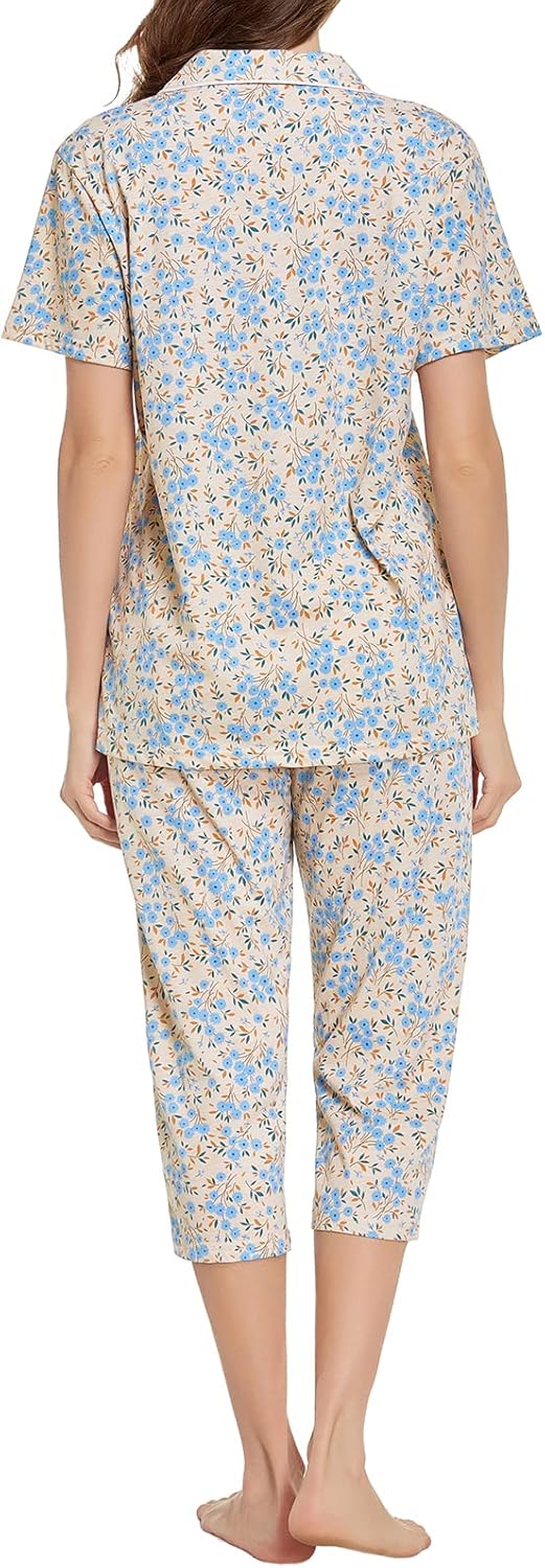 Tugege Capri Pajamas Set Womens Button Down Short Sleeve Lounge Sets Sleepwear Notch Collar Top & Capri 2 Piece PJ Sets - Image 5