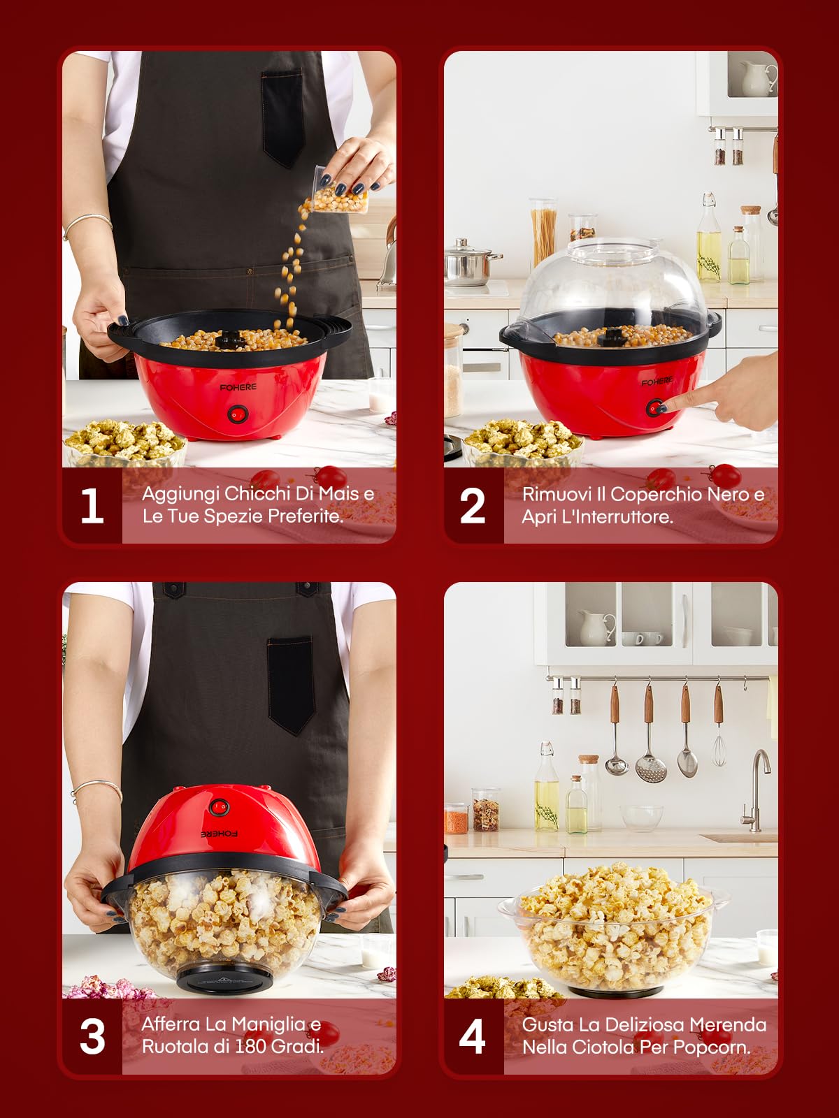 FOHERE Macchina Popcorn, 3,5 L Macchina Per Popcorn Casalinga con Sbattitore Elettrico, Pop Corn Macchina con Zucchero e Olio, Rivestimento Antiaderente, Ampio Coperchio Come Ciotola da Portata