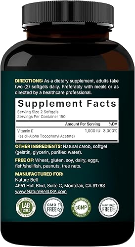 Miniatura 7 de NatureBell Cápsulas Blandas de Aceite de Vitamina E, 1,000 UI por Porción, 300 Píldoras  Suplementos Antioxidantes Esenciales, Forma de Fácil