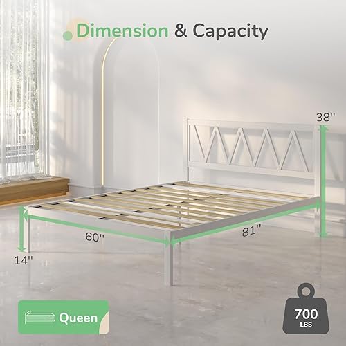 Miniatura 2 de Novilla Base de cama Queen con cabecero, marco de cama de plataforma de metal, resistente, no necesita somier, soporte de listones de madera, fácil