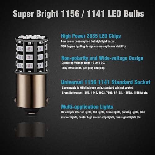 Miniatura 9 de Bombillas LED BAY15D 1157 2057 2357 7528 color rojo brillante, 12-24 V, 800 lúmenes, repuesto para luces de freno trasero, luces direccionales, luz