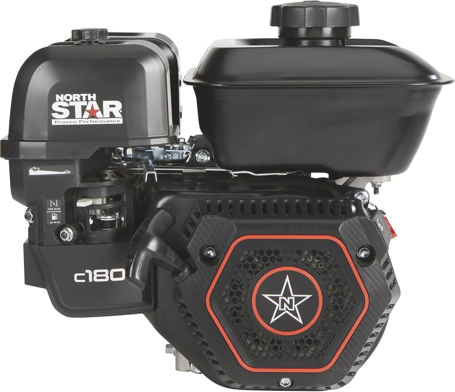 NorthStar c180 Engine with labeled features including air filter, fuel tank, low oil shutdown, crankshaft, and cylinder sleeve