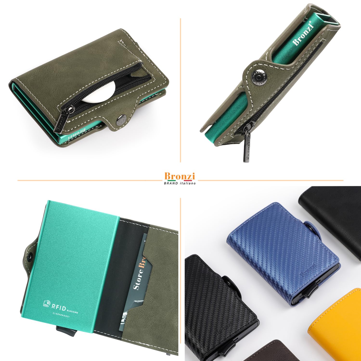 Bronzi Portafoglio Porta Carte Credito - Portafoglio Uomo Donna Slim Portacarte - Mini Porta Tessere - Protezione RFID Portatessere - Design Smart Pelle Verde Oliva