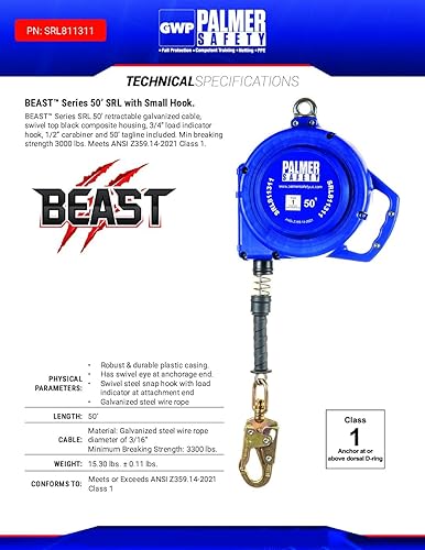 Vista 18 de Palmer Safety SRD 20 FT. Línea de vida auto retráctil I ANSI Z359.14-2021 Clase 1 I SRL Dispositivo giratorio superior Cable galvanizado con pequeño