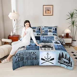 Lake House Comforter Set King Size,Camping Fishing Quilt Set Bear Anchor Pine Print Grid Bedding Set Kids Boys Girls Adult Rustic Cabin Decor Blue Patchwork Plaid Duvet Insert,2 Pillowcases