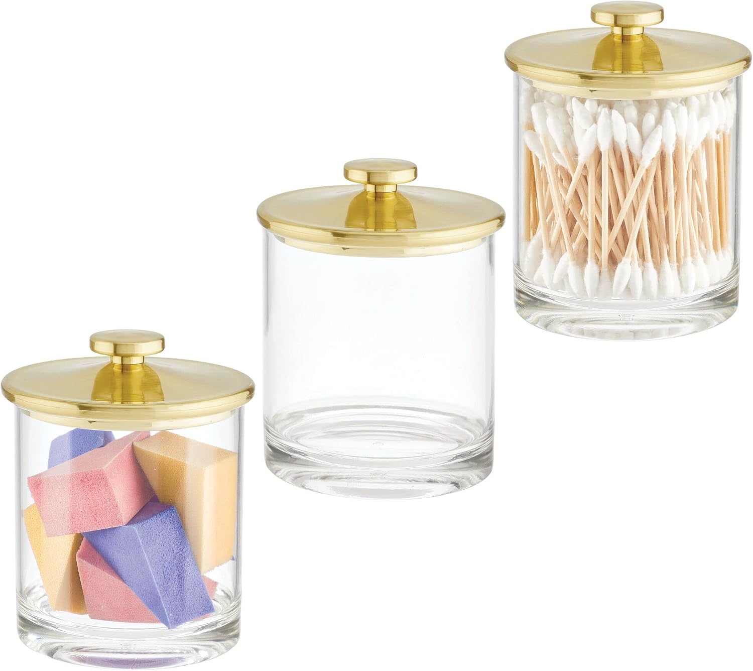 mDesign Small Modern Apothecary Storage Organizer Canister Jars - Acrylic Containers for Bathroom, Organization Holder for Vanity, Counter, Makeup Table, Lumiere Collection, 3 Pack, Clear/Soft Brass