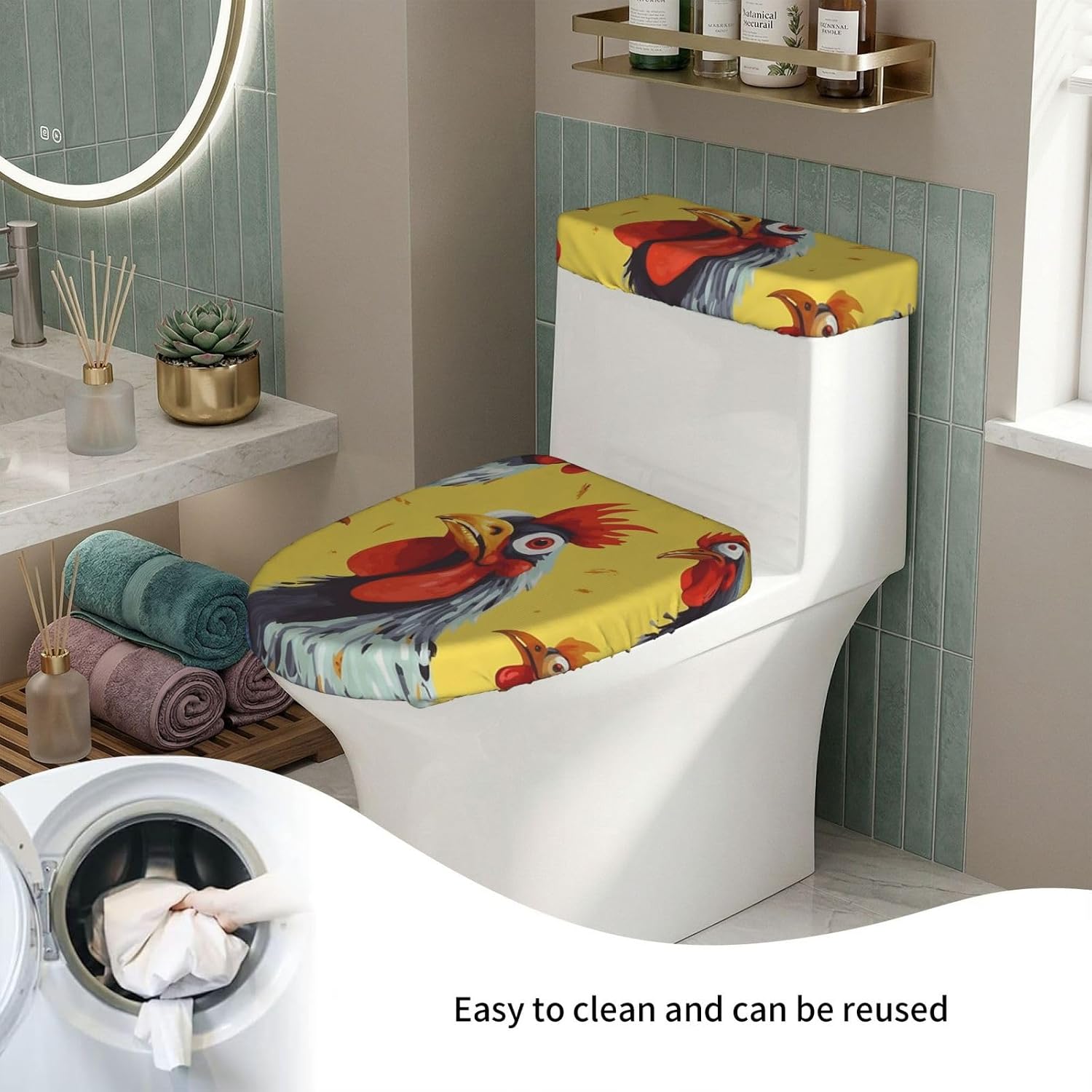 Art Chicken Painting Toilet Tank Cover And Toilet Lid Cover Set Stretch Bathroom Toilet Lid Seat Cover