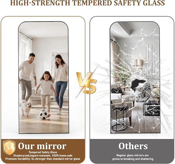 XRAMFY Mirror Full Length 165x71 cm,Long Mirror Full body with Round Corner,Free Standing Mirrors Hanging or Leaning for Bedroom,Living Room,Cloakroom,Tempered Glass,Black