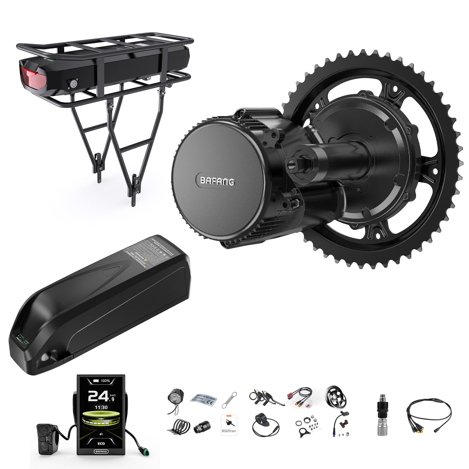 BAFANG 250W 350W 500W 750W 1000W Middle Motor Kit mit optionalem Akku, BBS01 BBS02B HD Mittelmotor DIY 8Fun E-Bike-Umbausatz mit LCD-Display & EBike-Akku für BB 68-120MM E-Bike.