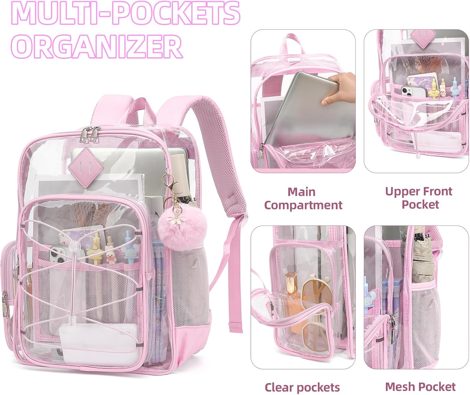 Clear Backpack for School Girls Women, Kids Heavy Duty PVC Transparent Backpacks See Through Clear Bookbags Light Pink - Image 4