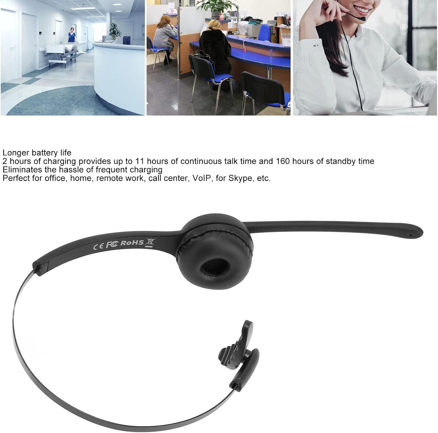EBTOOLS Bluetooth Cordless Headset, Mono Telephone Headset with Flexible Rotatable Microphone, 11h Talk Time, All Day Comfort Design, Call Center Headset for Calls Music