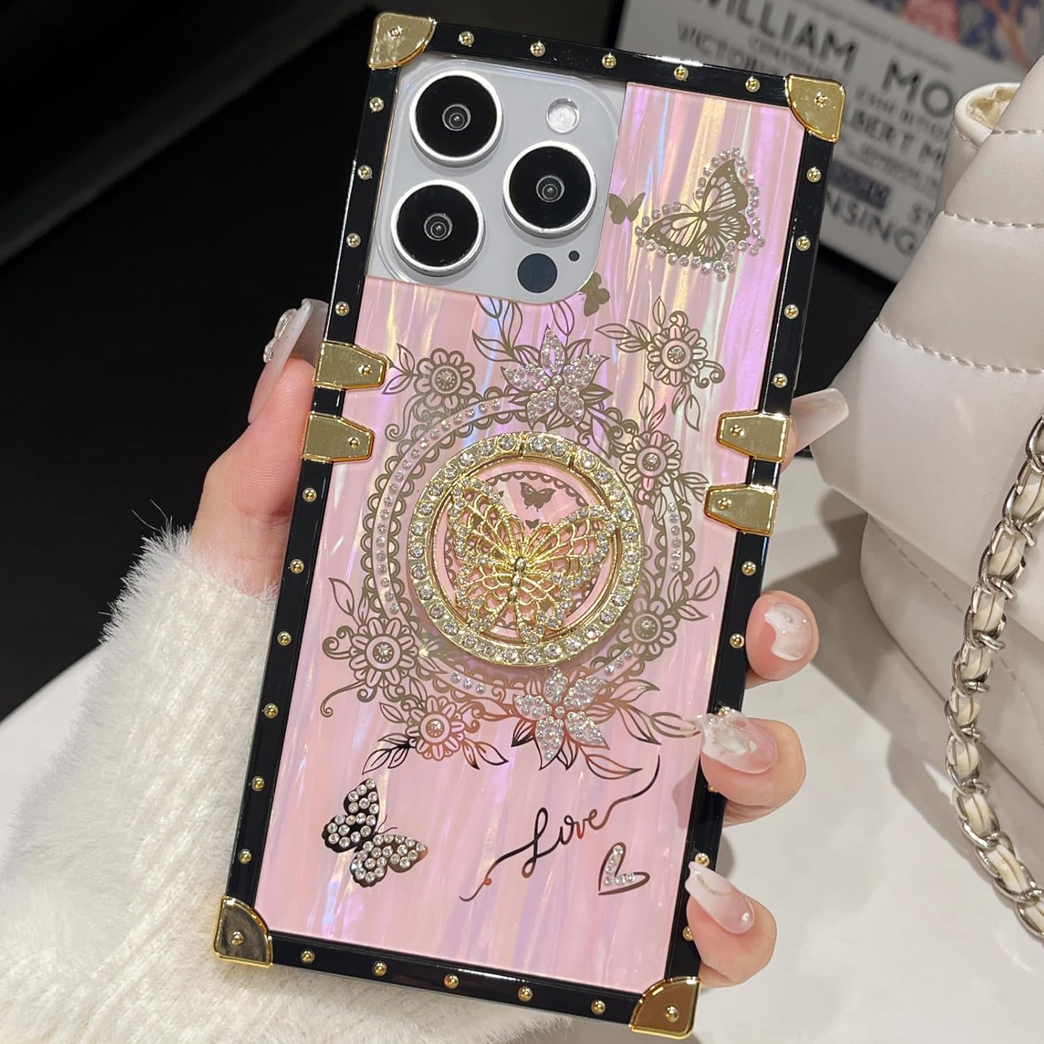 Glitter Kickstand Case for iPhone 16e, Cute Luxury Bling Sparkly Diamond Butterfly Ring Stand Elegant Floral TPU Bumper Shockproof Women Girls Protective Case for iPhone 16e 6.1" 2025 (Pink) - Image 4