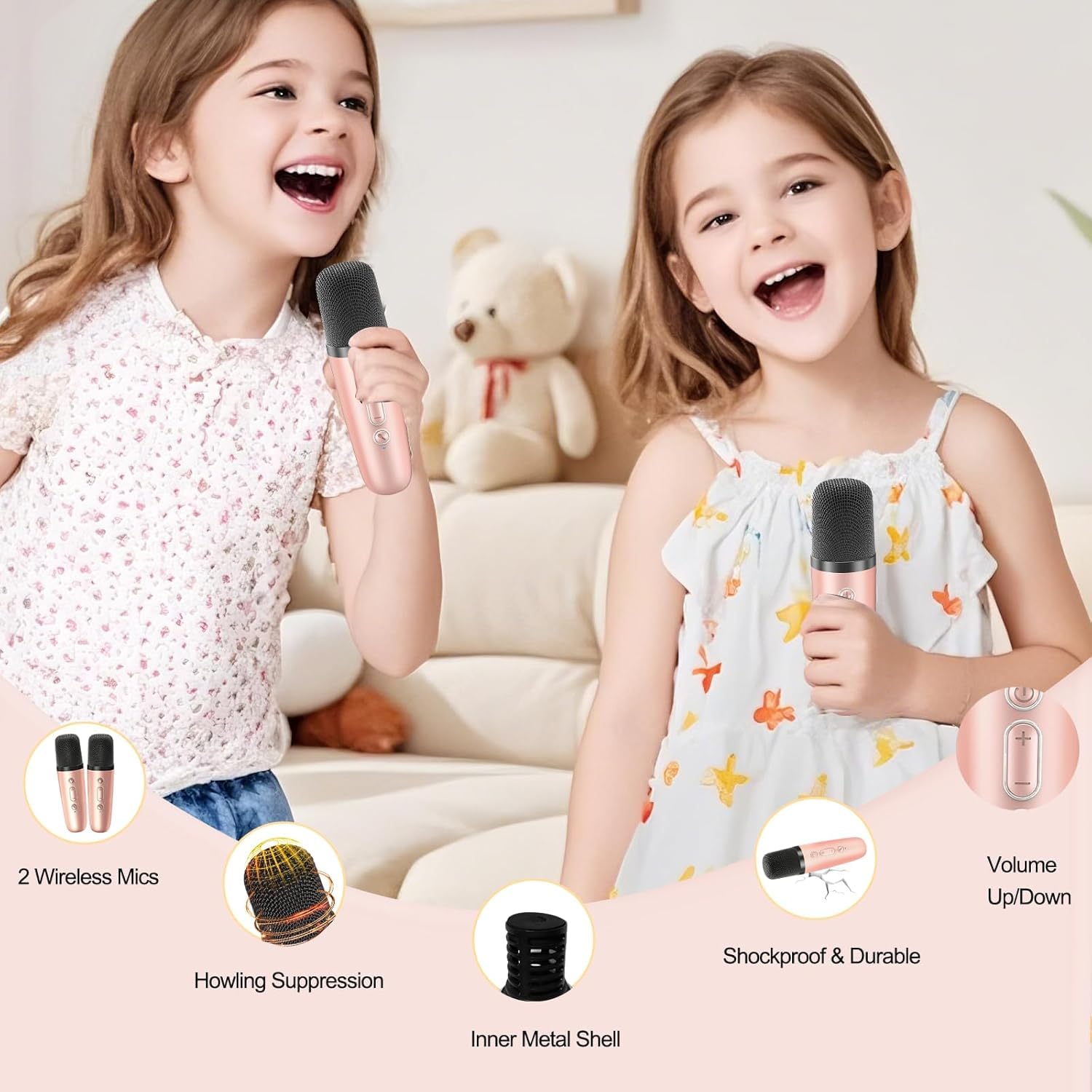 Macchina per karaoke per bambini e adulti, mini microfono portatile per karaoke con 2 microfoni wireless e luce, giocattoli per tutti gli smartphone, compleanno, famiglia