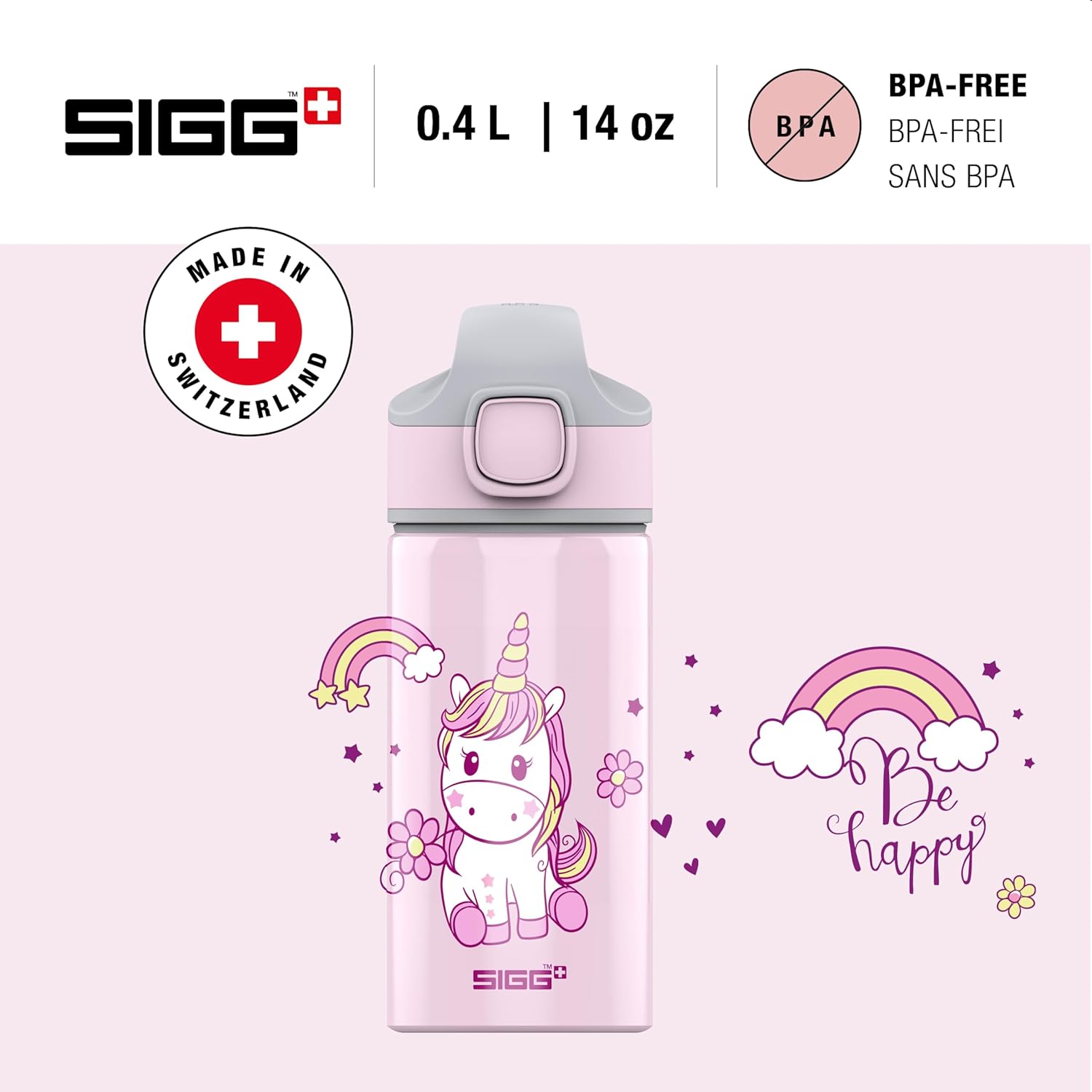 SIGG - Aluminium Children's Drinking Bottle - Miracle Happy Unicorn - With Straw - Leak-Proof - Light as a Feather - BPA-Free - Climate Neutral Certified - School & Sports - Pink with Unicorn - 0.4 L