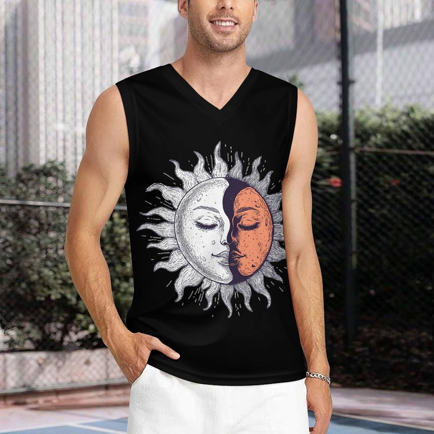 Yin and Yang Sun Men's V-Neck Basketball Tank Top Sleeveless Workout Tank Shirts Gym Fitness Tees Vest