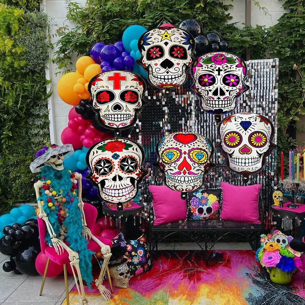 6Pcs Sugar Skull Balloons Day of The Dead Foil Balloons for Halloween Dia De Los Muertos Celebrations Birthday Baby Shower Wedding Party Decor
