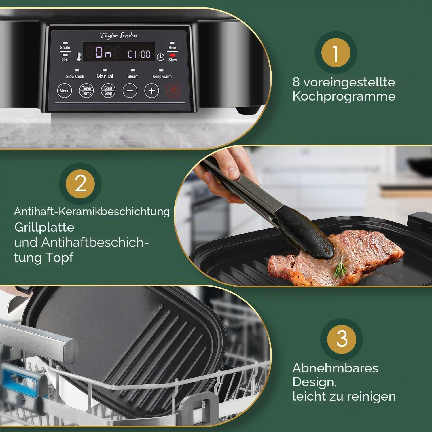 Taylor Swoden Arthur Dampfgarer mit Timer, Ultrakompakter Dampfgarer mit 3 Einschüben, BPA-frei, Programmierbar, Voreingestellte Programme, Warmhaltefunktion, 6 L, 1250 W