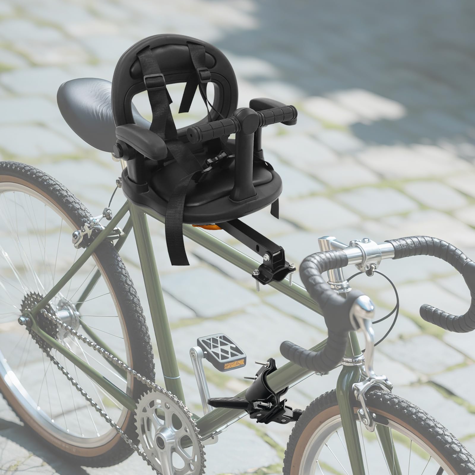 Seggiolino anteriore per bicicletta per bambini, girevole a 360°, con poggiapiedi pieghevole e manico per guardrail, universale, colore nero