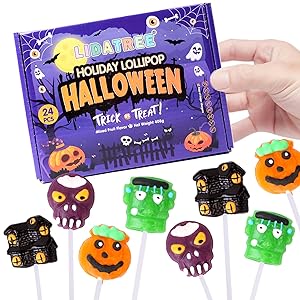 Halloween Lollipop Suckers Individually Wrapped Bulk - Spooky Candy Lollipops - Pumpkin, Green Monster, Zombie, Haunted House Candies for Kids Halloween Goody Bag Fillers and Party Favors - Trick or Treat - 24 Pack