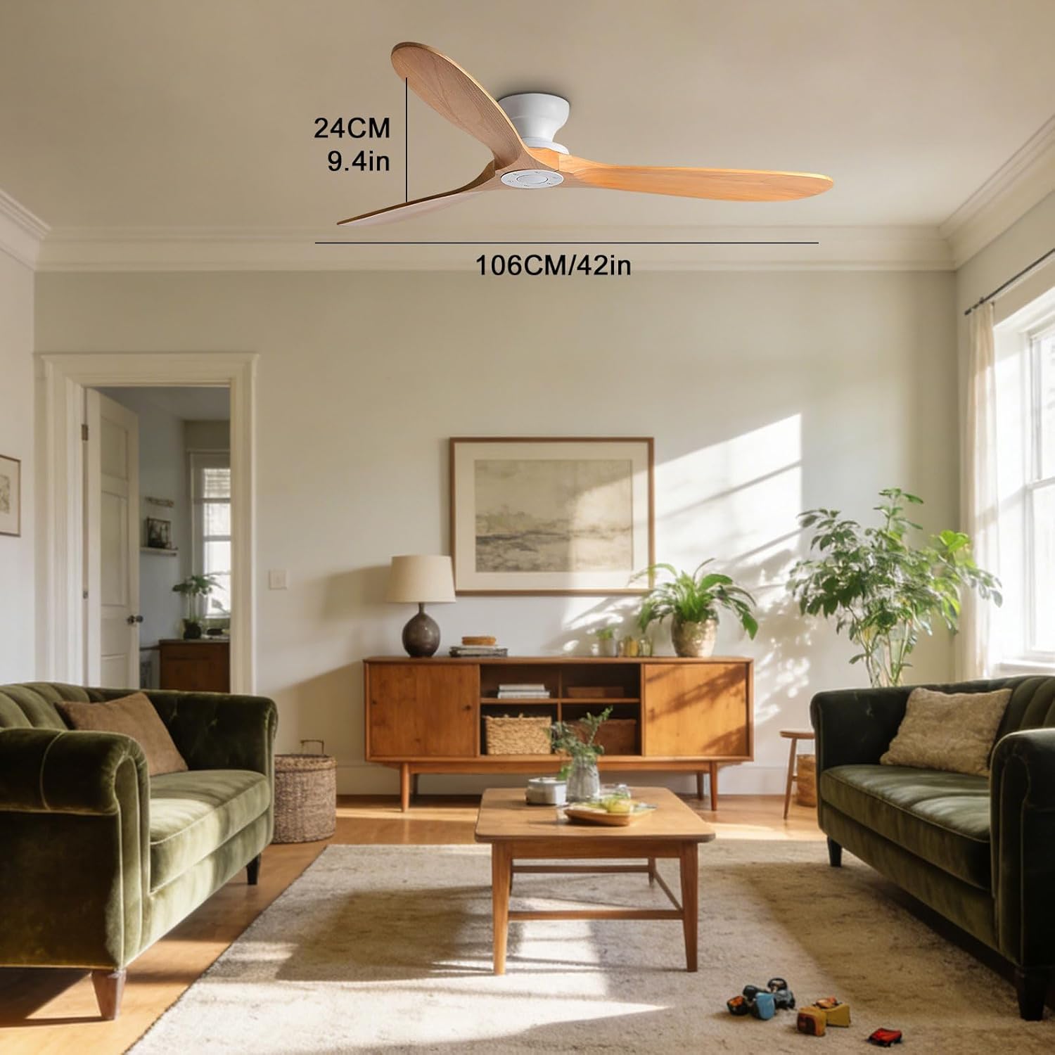 Solid Wood 42in Ceiling Fan Without Lights Flush Mount Ceiling Fans with Remote Control 6 Speeds, Wood Blades Modern Ceiling Fan No Light for Bedroom/Farmhouse/Patio/Indoor