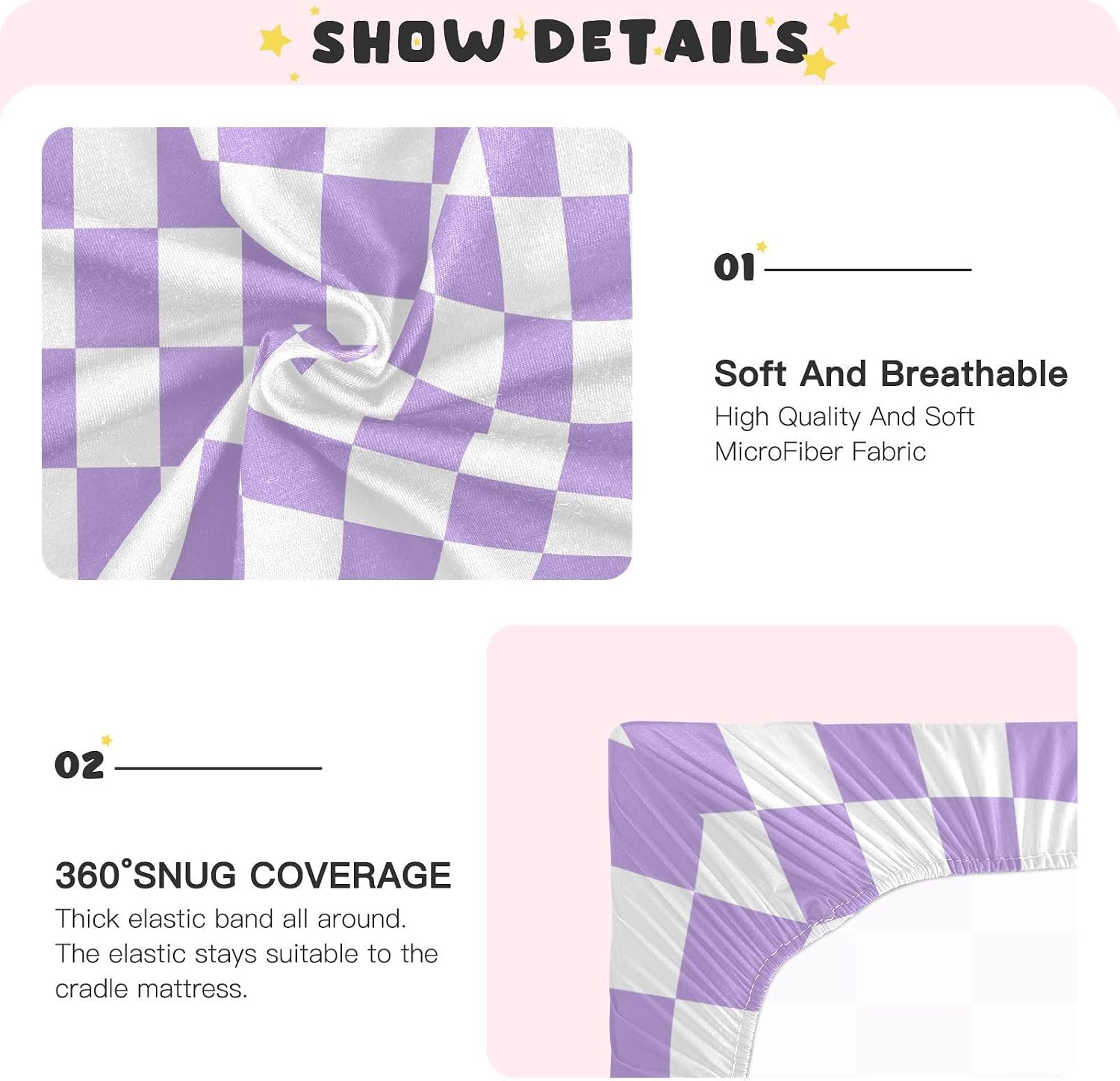 Chess Checkerboard White Light Purple Crib Sheets for Boys Girls Pack and Play Sheets Portable Mini Fitted Baby Sheet for Standard Crib and Toddler Mattresses Girls Boys, 52x28IN
