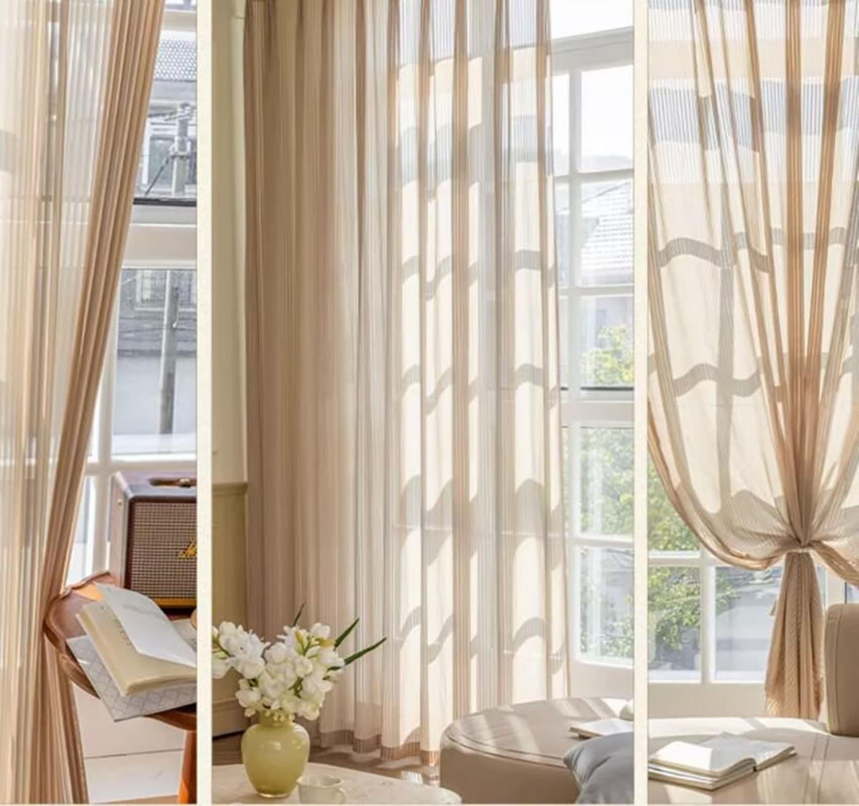 Rideau Fenetre Moderne, Voilage Rideau Fenetre Longue Lot de 2 Kaki Clair Polyester Coton Couleur Unie LxH 96x138cm